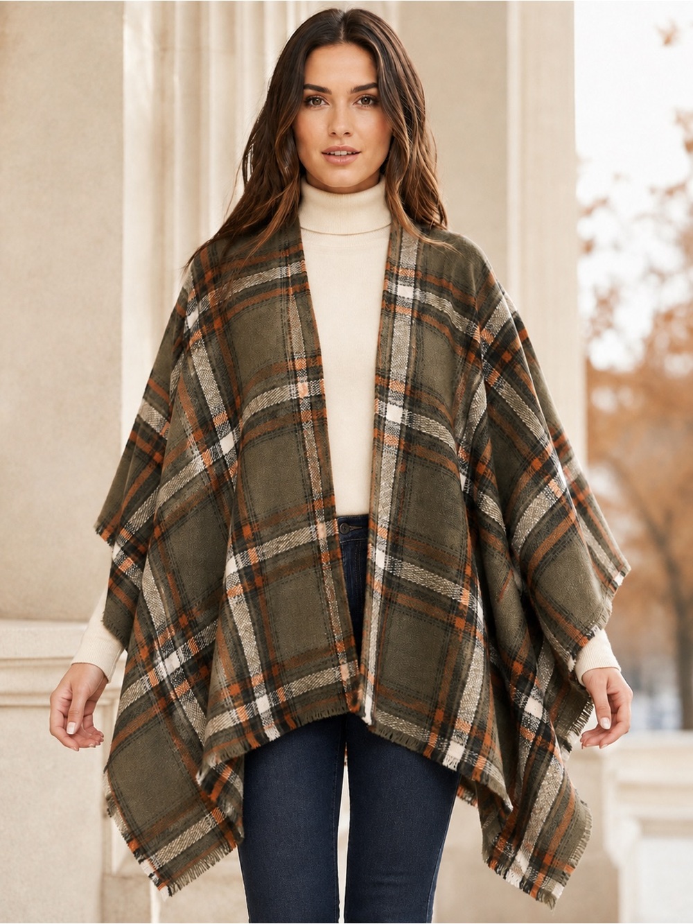 Old Navy Olive Plaid Flannel Open-Front Poncho (NWOT)